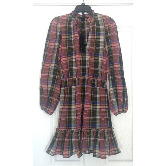 Veronica Beard Women's Destiny Crinkle Plaid Dress size 4 NWT Olive/Pink V-Neck - Picture 2 of 8